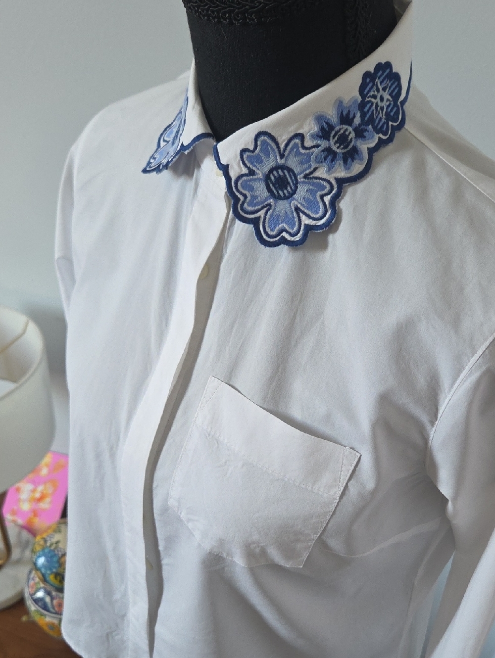 Tommy Hilfiger White Blouse with Blue Embroidered Floral Collar